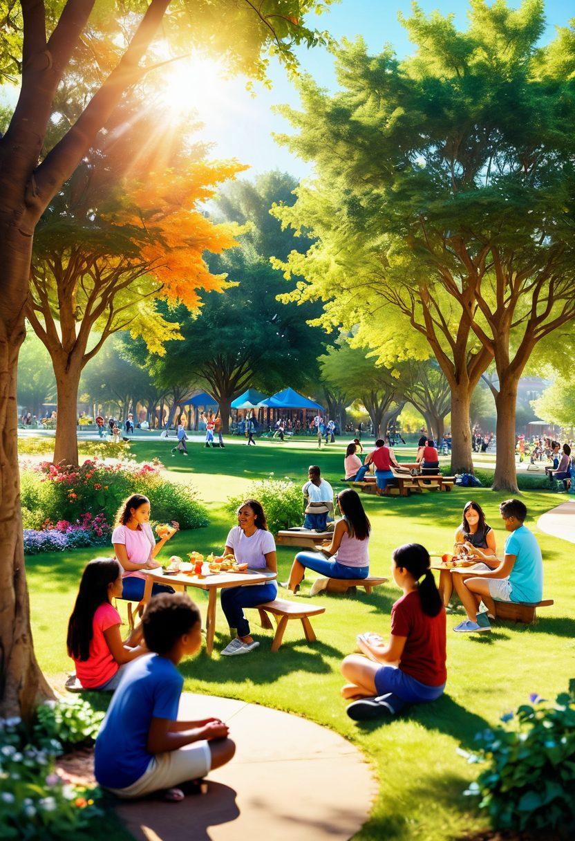 A vibrant community park scene displaying a diverse group of people engaged in joyful activities, such as laughing, sharing food, and playing games. Emphasize emotional connections with warm sunlight filtering through trees, creating a sense of harmony and togetherness. Include symbols of growth like blooming flowers and butterflies, showcasing the theme of nurturing wellness. super-realistic. vibrant colors. warm tones.