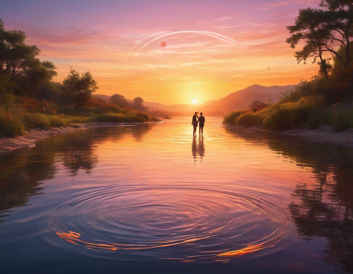 A serene landscape with two diverse people sharing a moment of joy, surrounded by rippling water that reflects bright colors of happiness. Include interconnected circles symbolizing shared experiences, with trails of light spreading outwards to represent the ripple effect. A soft sunset in the background enhancing the sense of warmth and connection. super-realistic. vibrant colors. peaceful atmosphere.