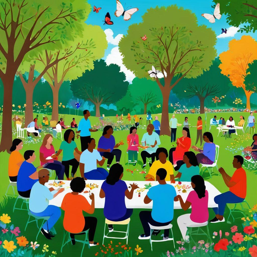 A warm, inviting scene depicting diverse individuals engaging in joyful activities, such as community gatherings and art therapy sessions, surrounded by green parks and colorful flowers. Emphasize expressions of happiness and connection, with subtle symbols of mental wellness like butterflies or hearts in the background. Include a nonprofit logo subtly displayed. vibrant colors. super-realistic.